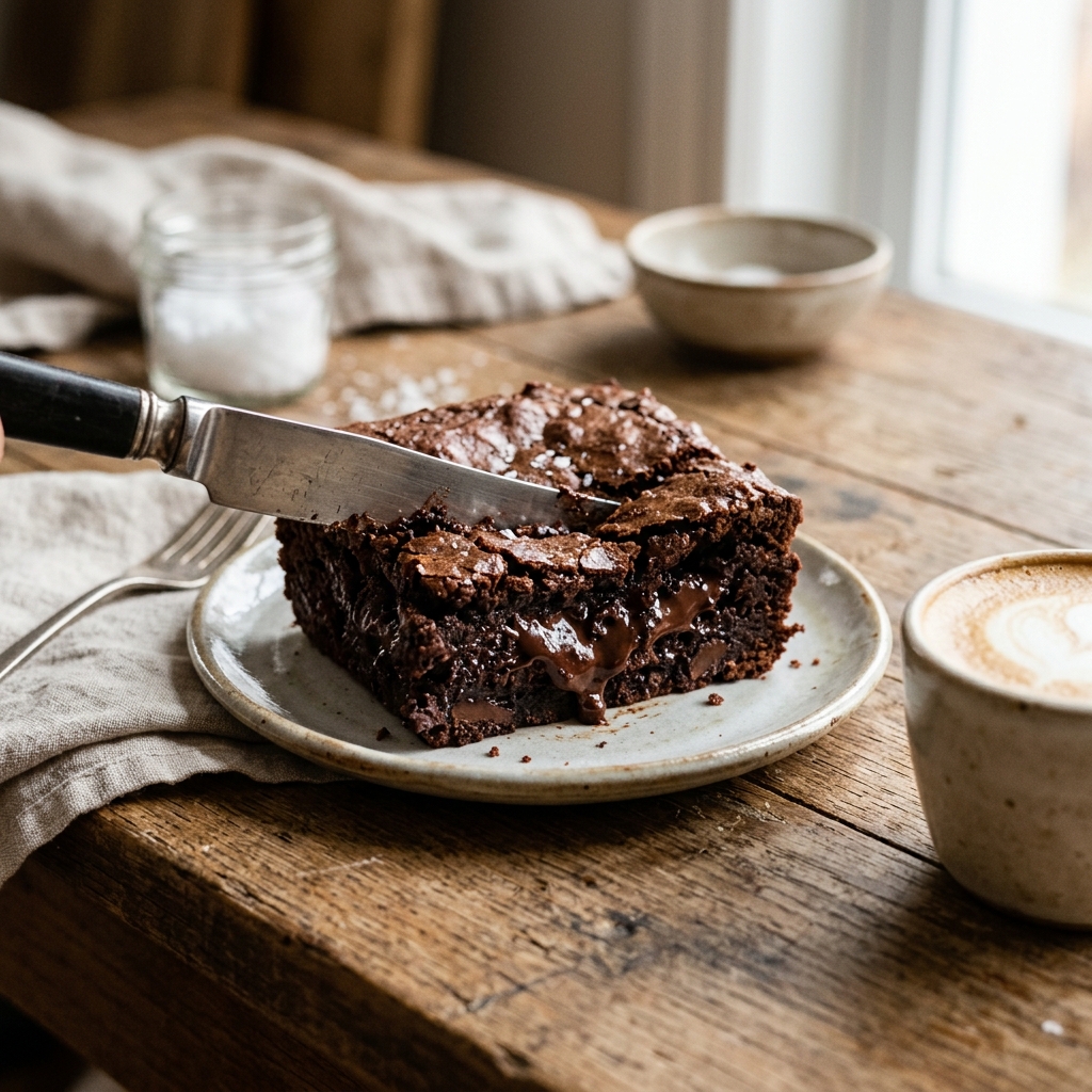 Brownie molhadinho cortado ao meio